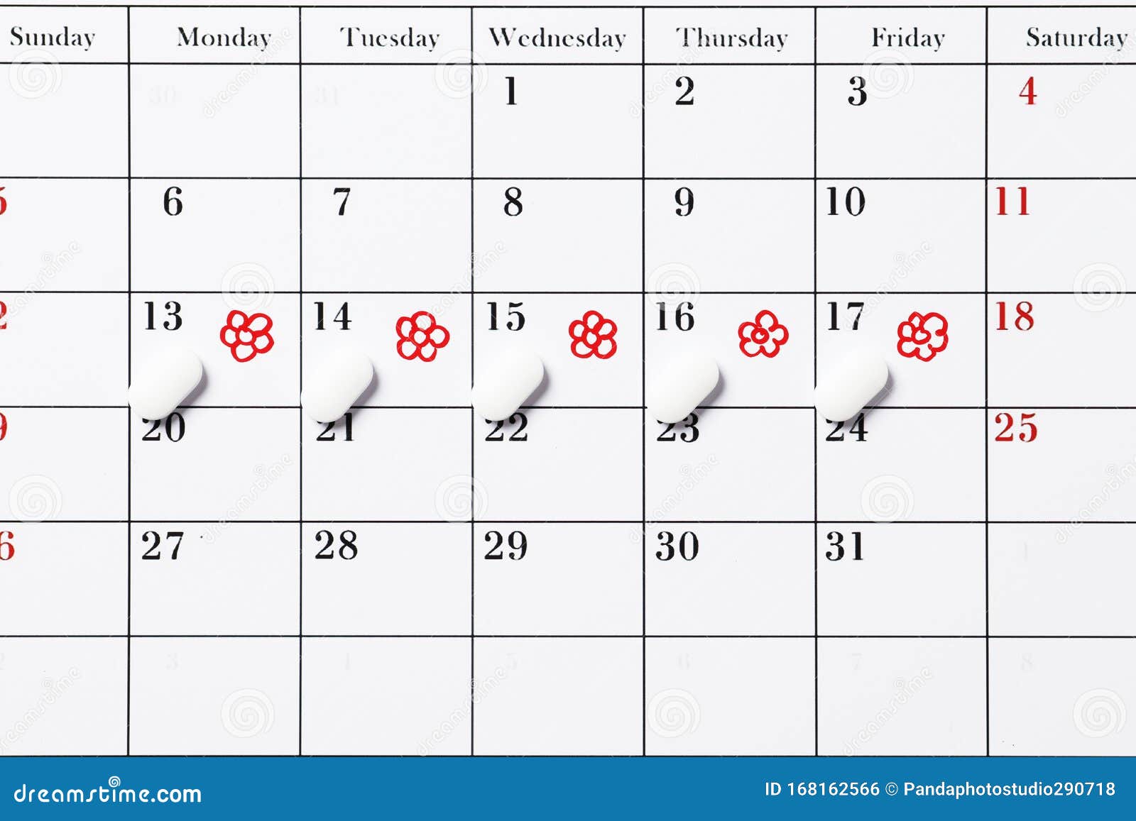 Menstrual Cycle Calendar on a Pink Background. Pills and Tampons, Pads