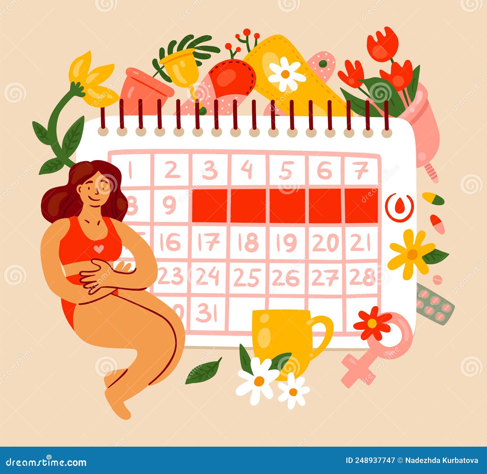 Menstrual or Ovulation Cycle Calendar. Woman Sitting Near Large