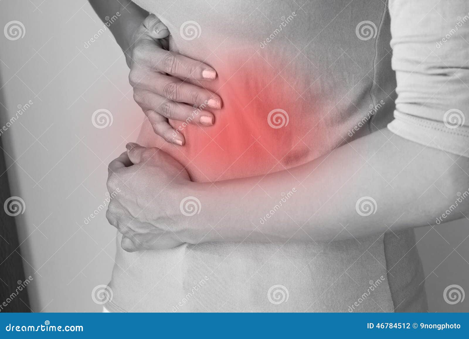 menstruation pain or stomach ache, hand holding belly