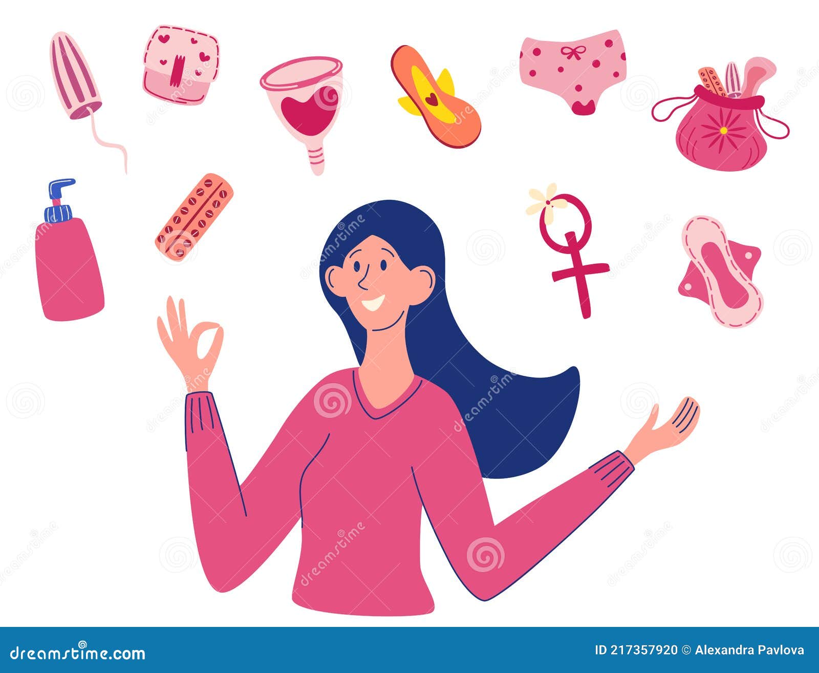 Menstruation Theme. Period. Various Feminine Hygiene Products.a Young Girl  is Happy To Have a Various Feminine Hygiene Products Stock Vector -  Illustration of cycle, hygiene: 217357920