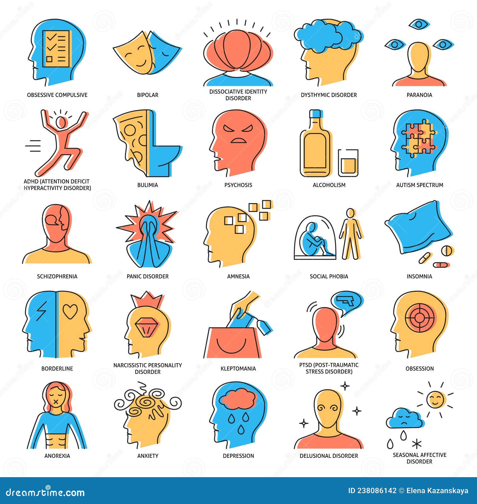 Mental Disorders Icon Set in Colored Line Style Stock Illustration ...