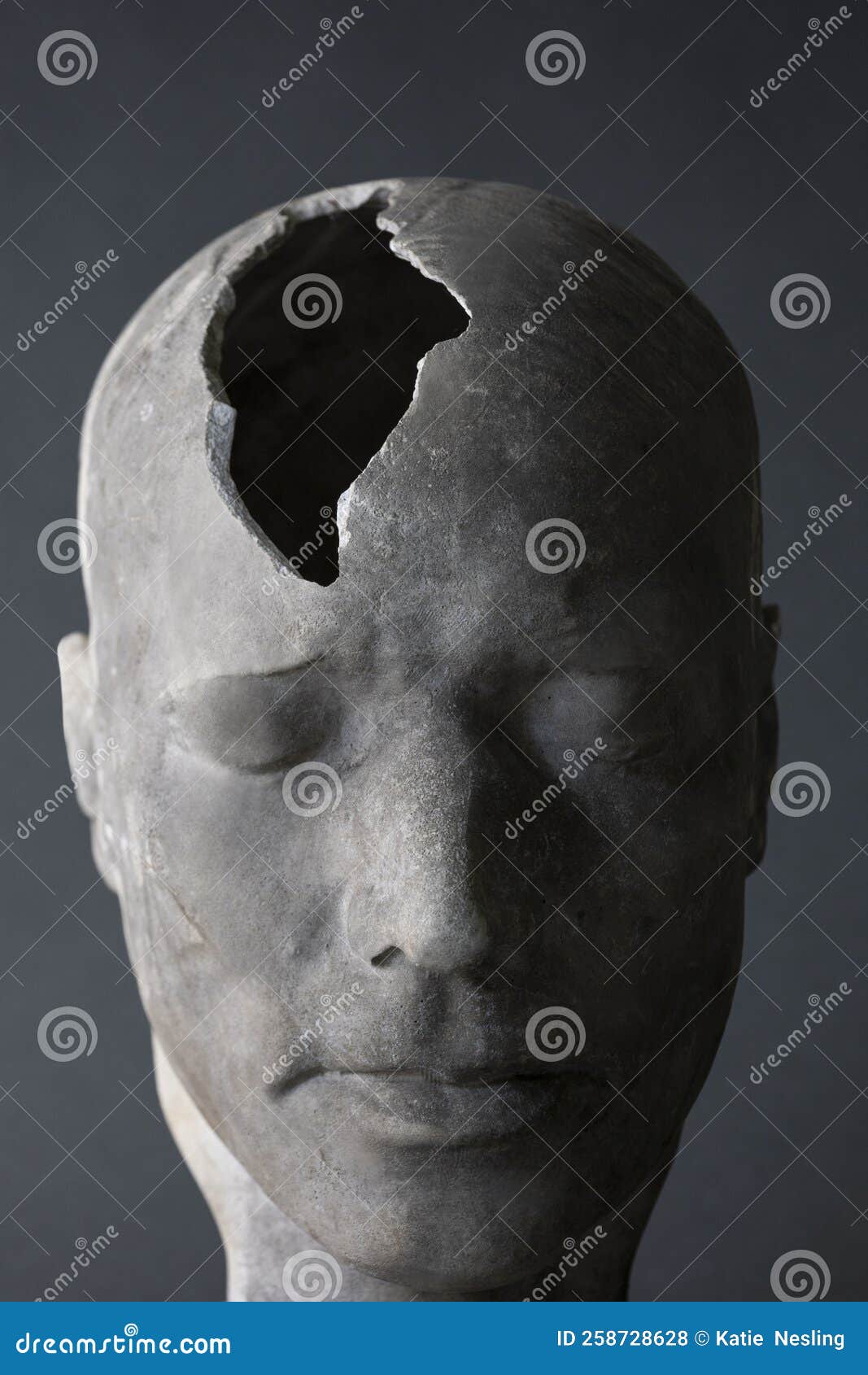 mental health concept showing model of head with fractured piece in skull