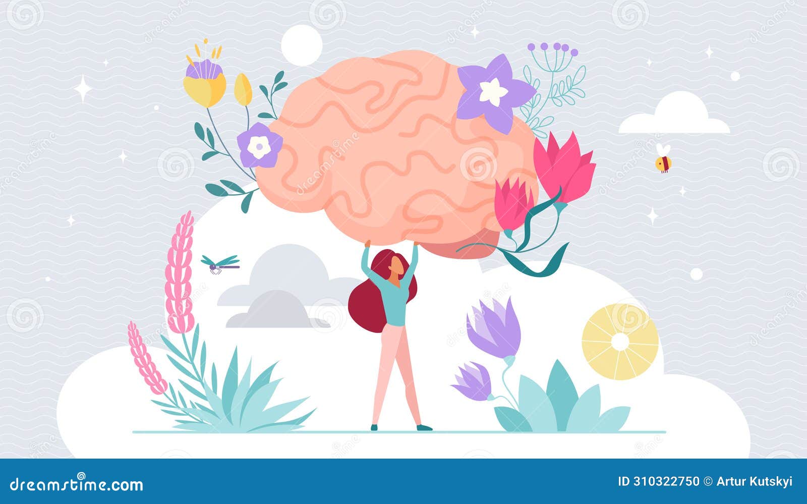 mental health, positive mindset, selfcare, tiny girl holding human brain in flowers