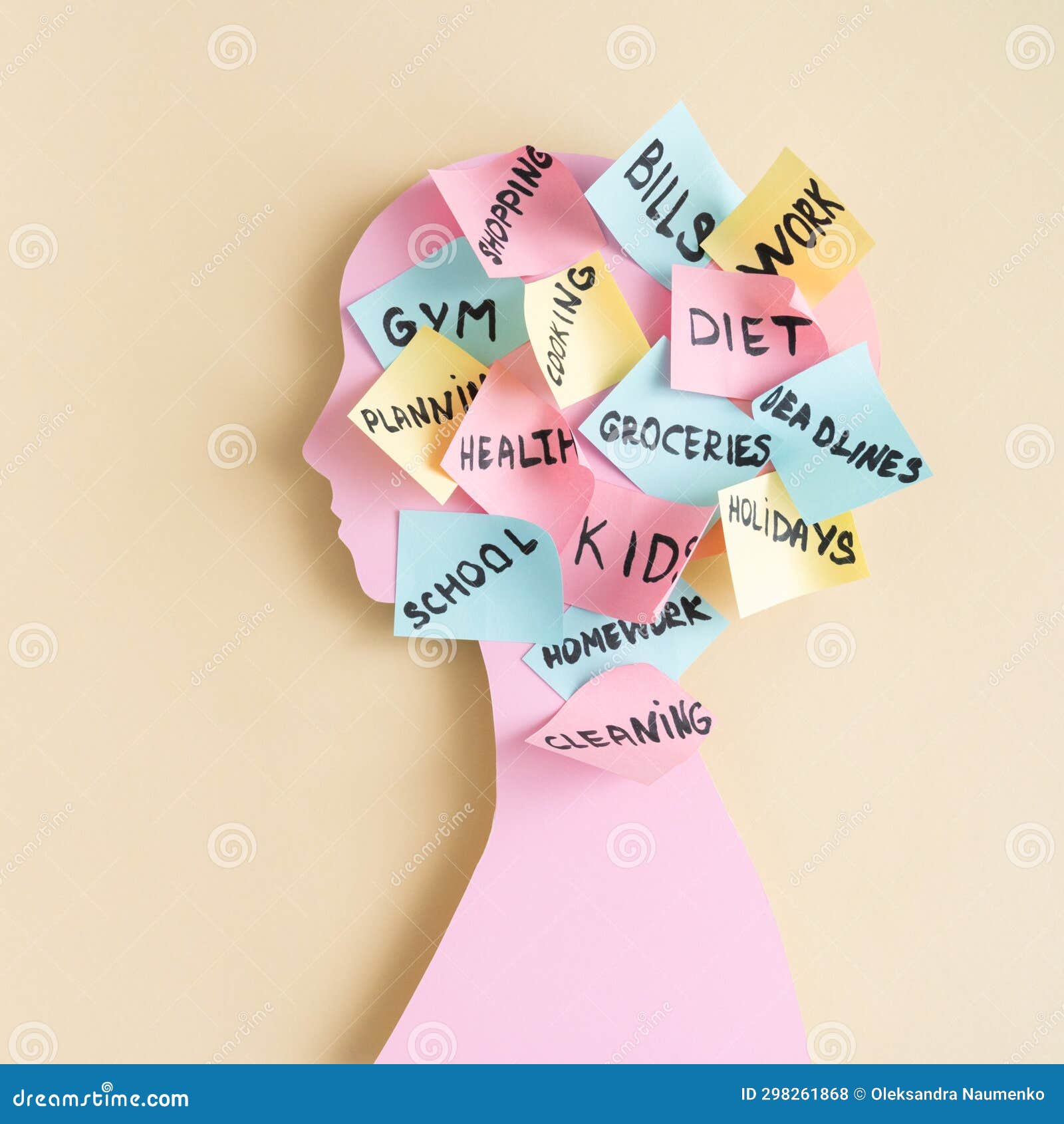 Mental Load Concept Female Pink Profile, Head Covered with Postit