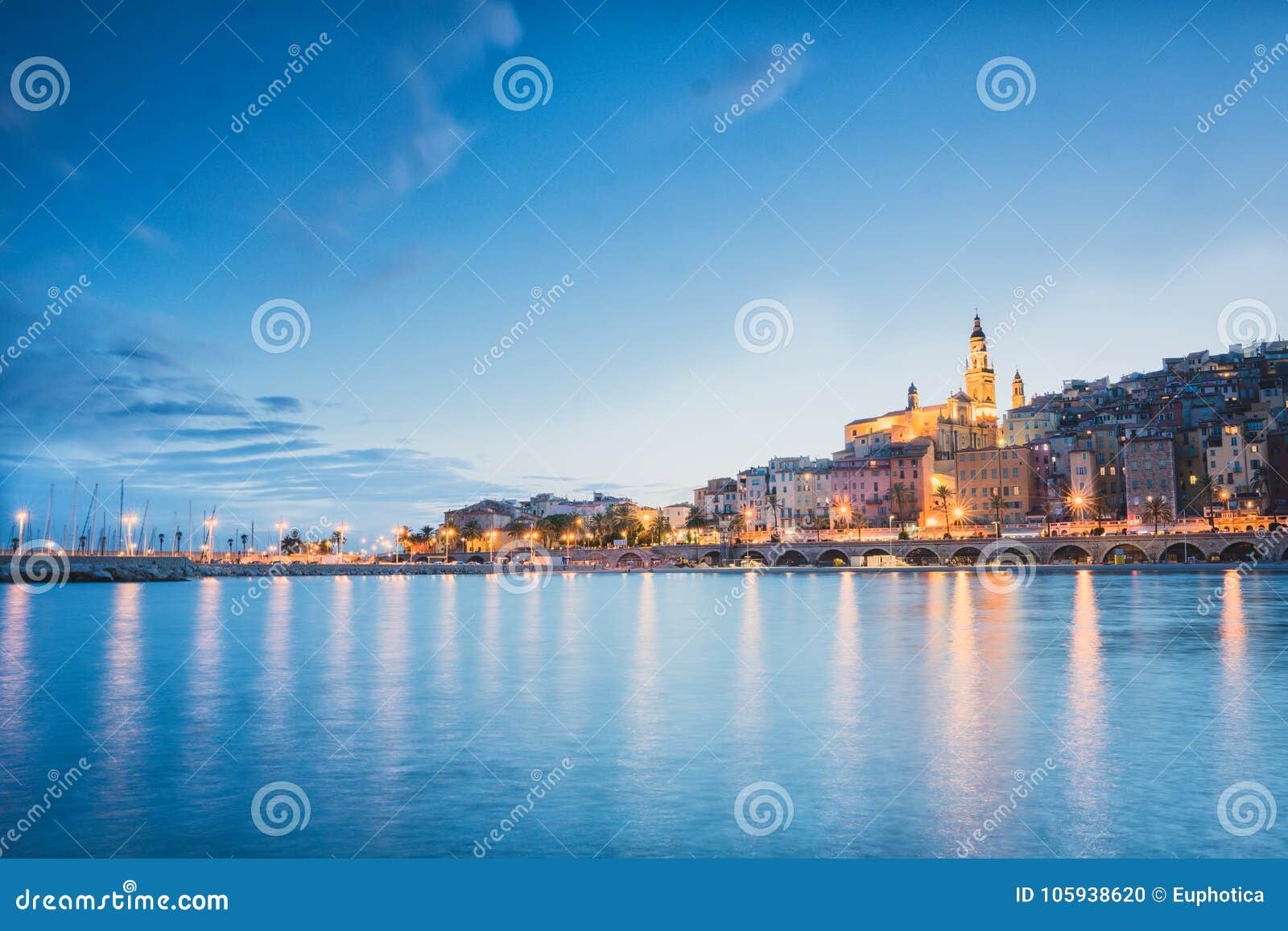 menton city at night, french riviera, blue hour sunset mood