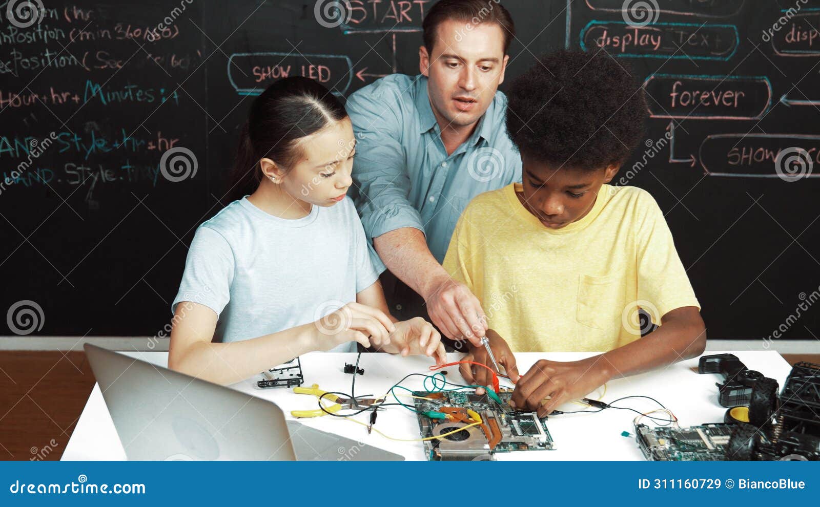 mentor teach main board construction while student learning system. edification.