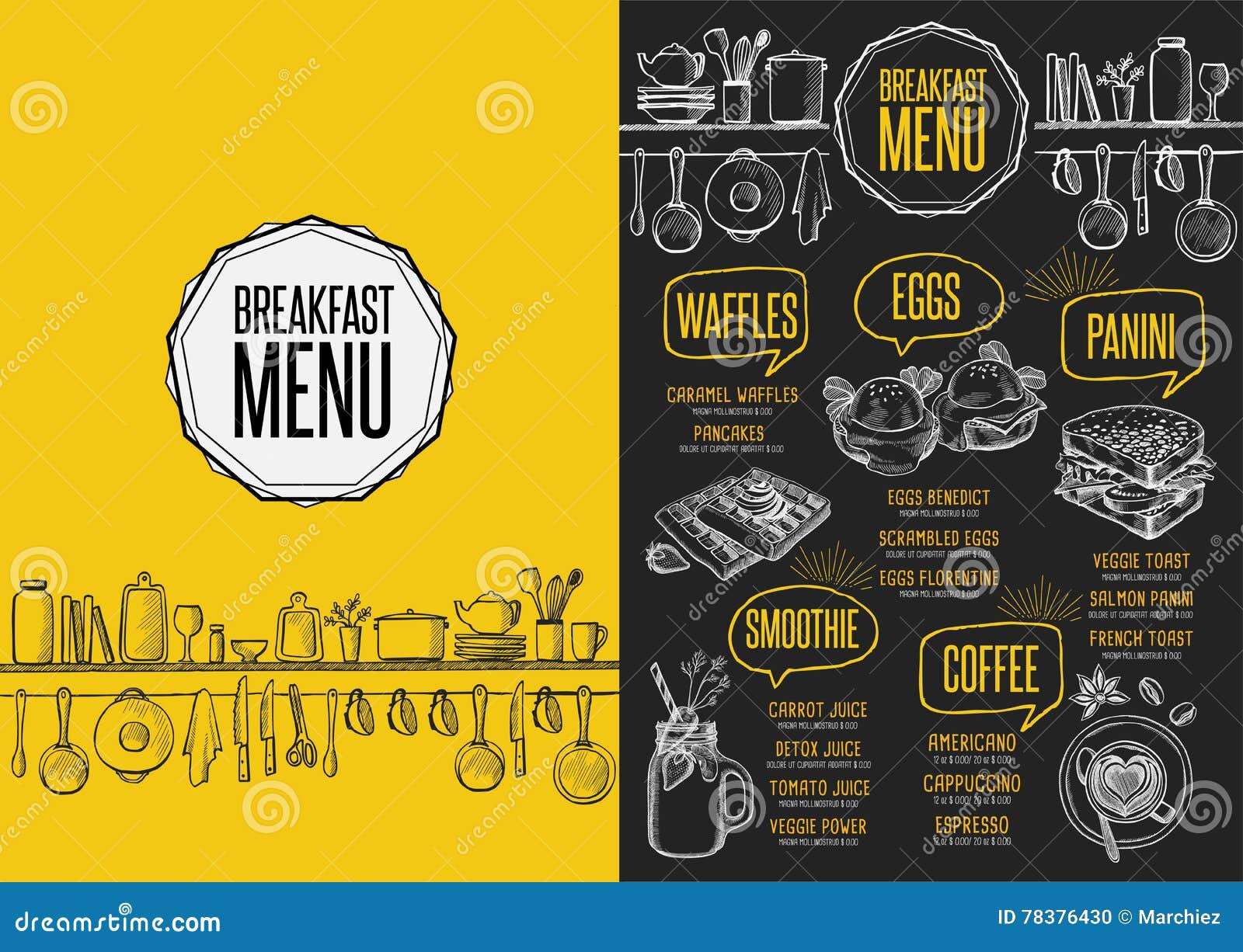 menu breakfast restaurant, food template placemat.