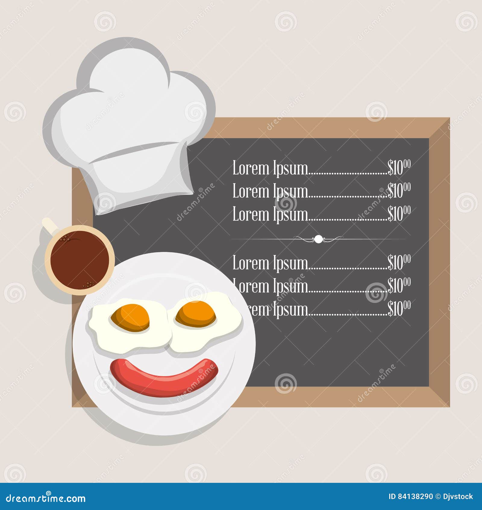 Menu Breakfast Restaurant Fried Egg Sausage and Coffeee Hat Chef Stock Illustration