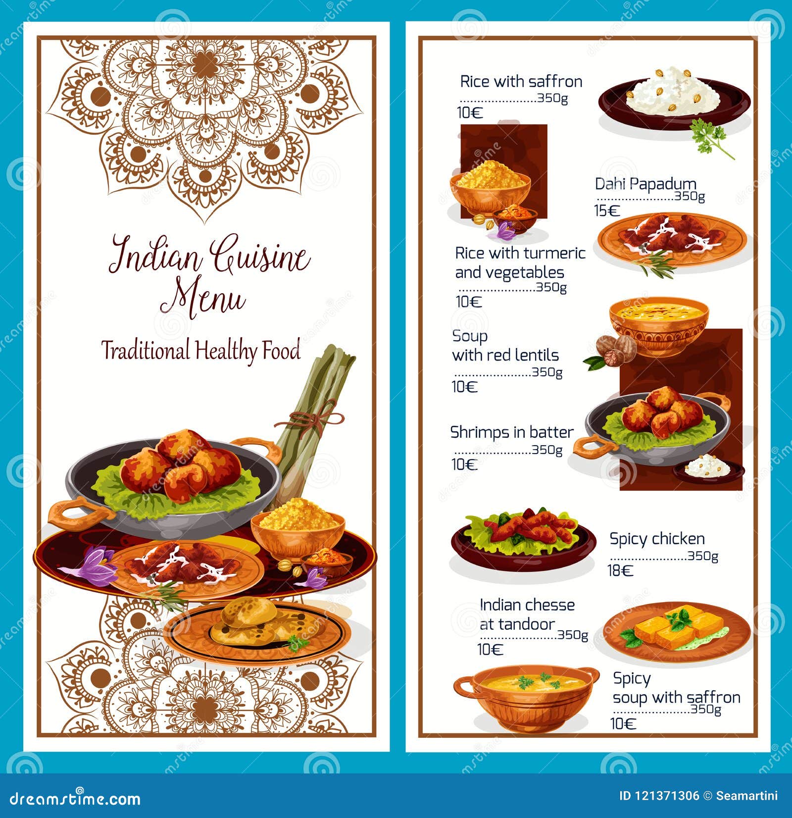 Indian Cuisine Menu With Traditional Healthy Food Stock Vector