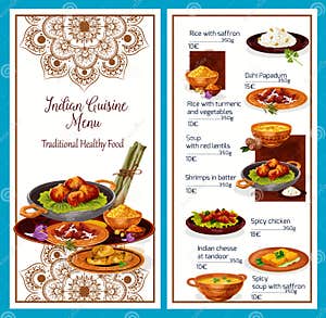 Indian Cuisine Menu With Traditional Healthy Food Stock Vector