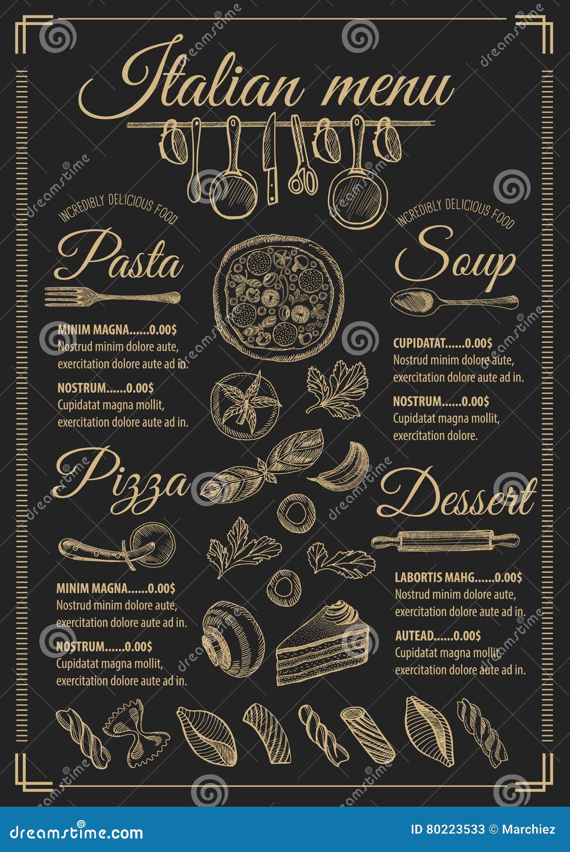 Menu Italiaans Restaurant, Voedselmalplaatje Placemat Vector