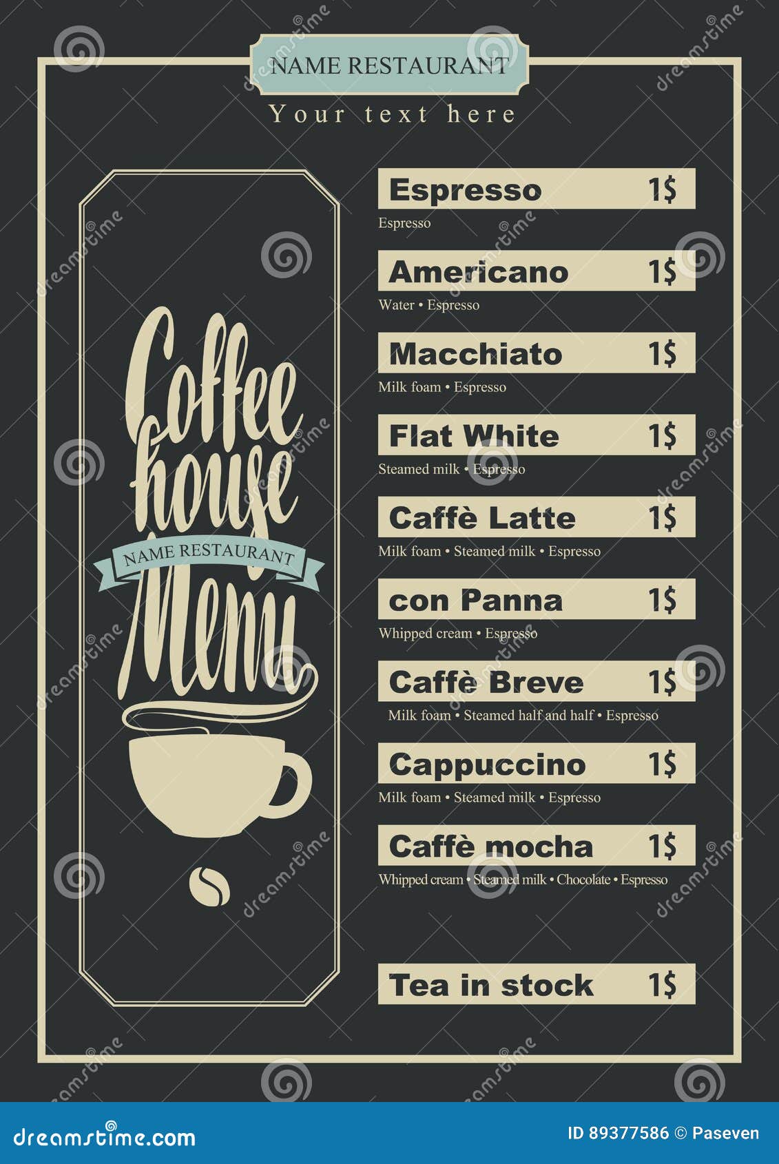 Menu with Price List for the Coffee House with Cup Stock Vector