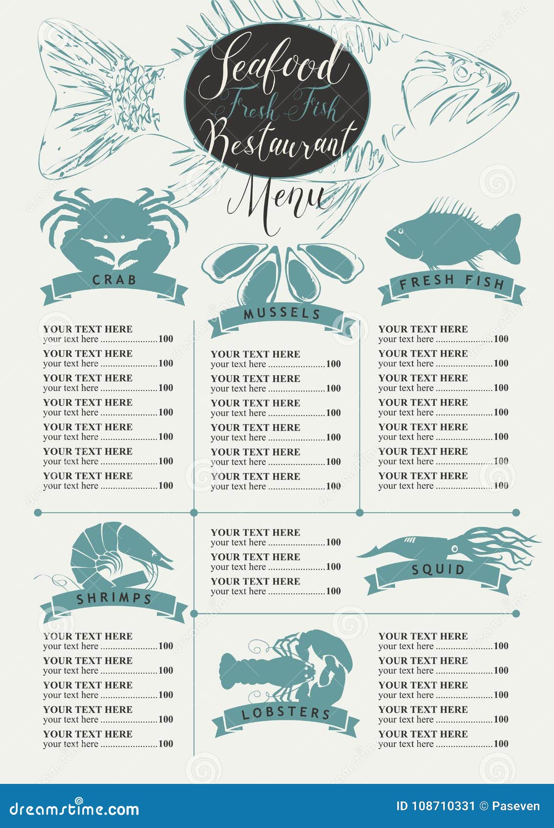Menu with Price List for a Seafood Restaurant Stock Vector