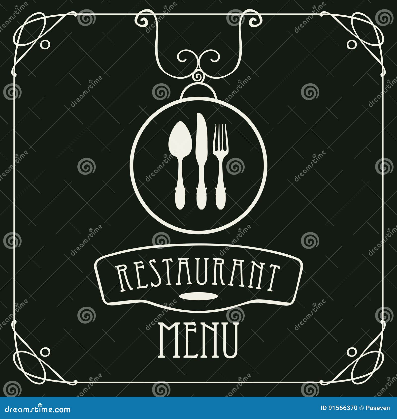 menu for restaurant with flatware and curlicues
