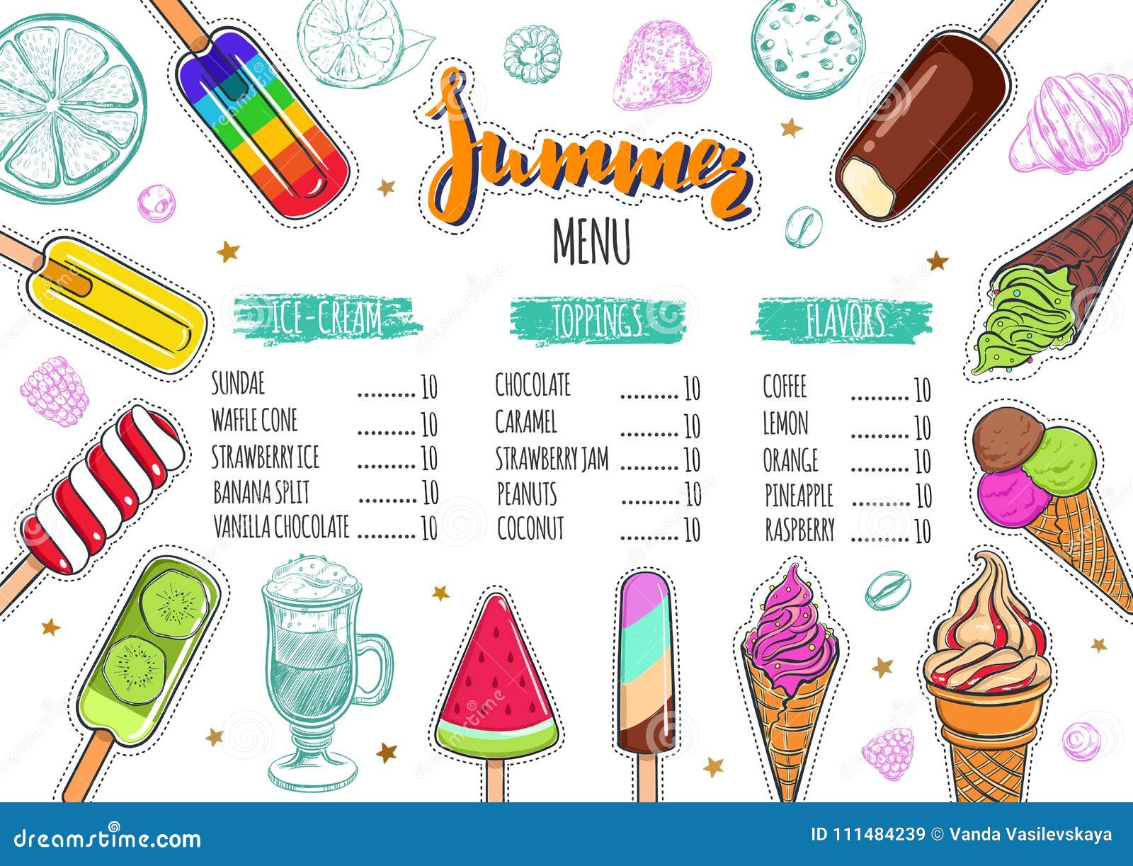 Menú 1 Del Helado Del Verano Ilustración del Vector Ilustración de sabor, postre 111484239