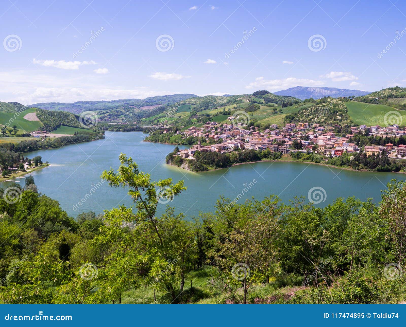 mercatale artificial lake seen from the fortress of sassocorvaro, italy.
