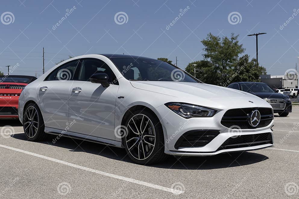 Mercedes Benz AMG CLA 35 Coupe Display at a Dealership. Mercedes Offers the CLA 35 with a AMG