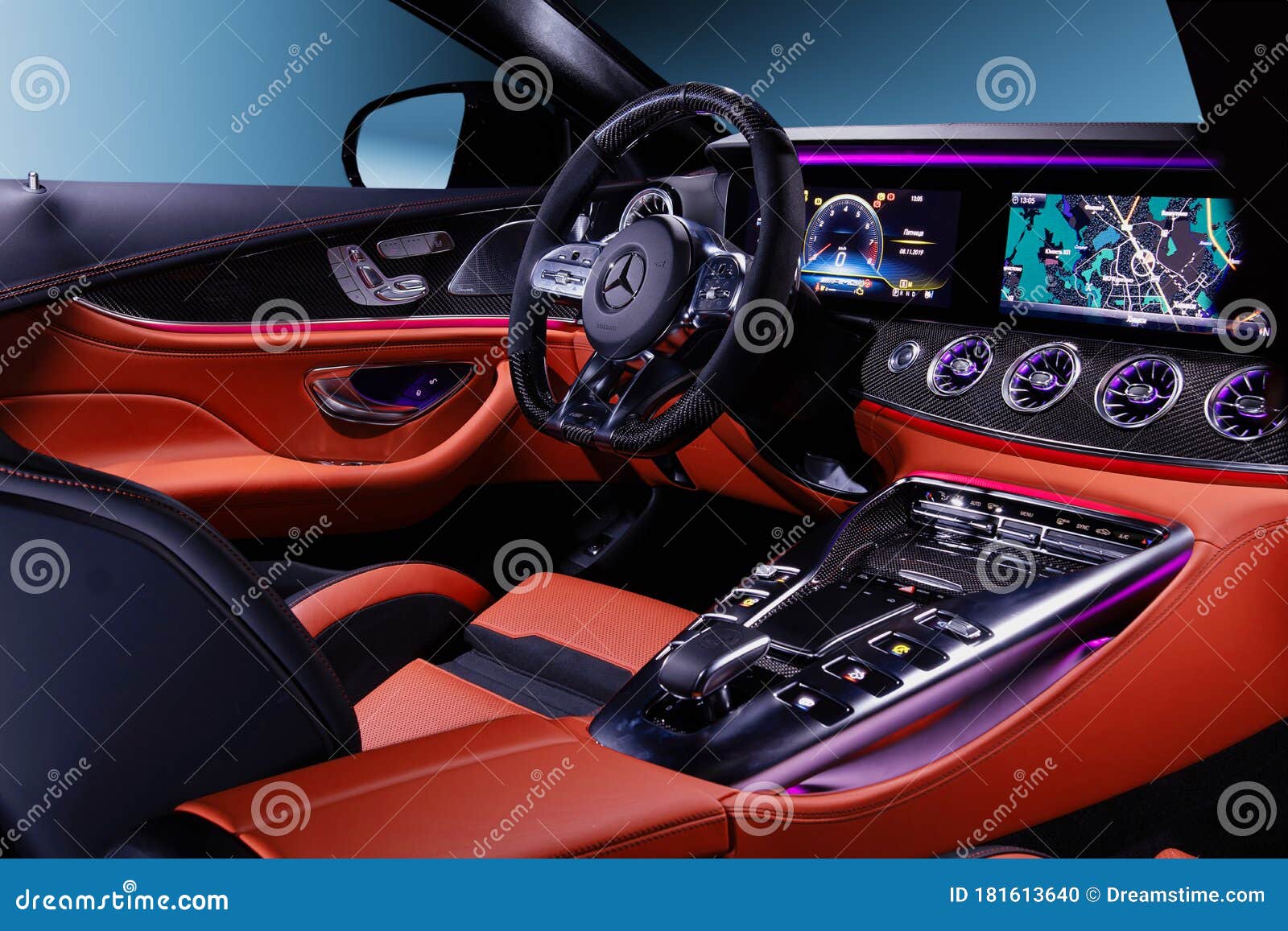 Mercedes Benz Amg Gt Car Interior With Expensive Red Leather Carbon Panel Monitors And Colorful Editorial Image Image Of Style Transport