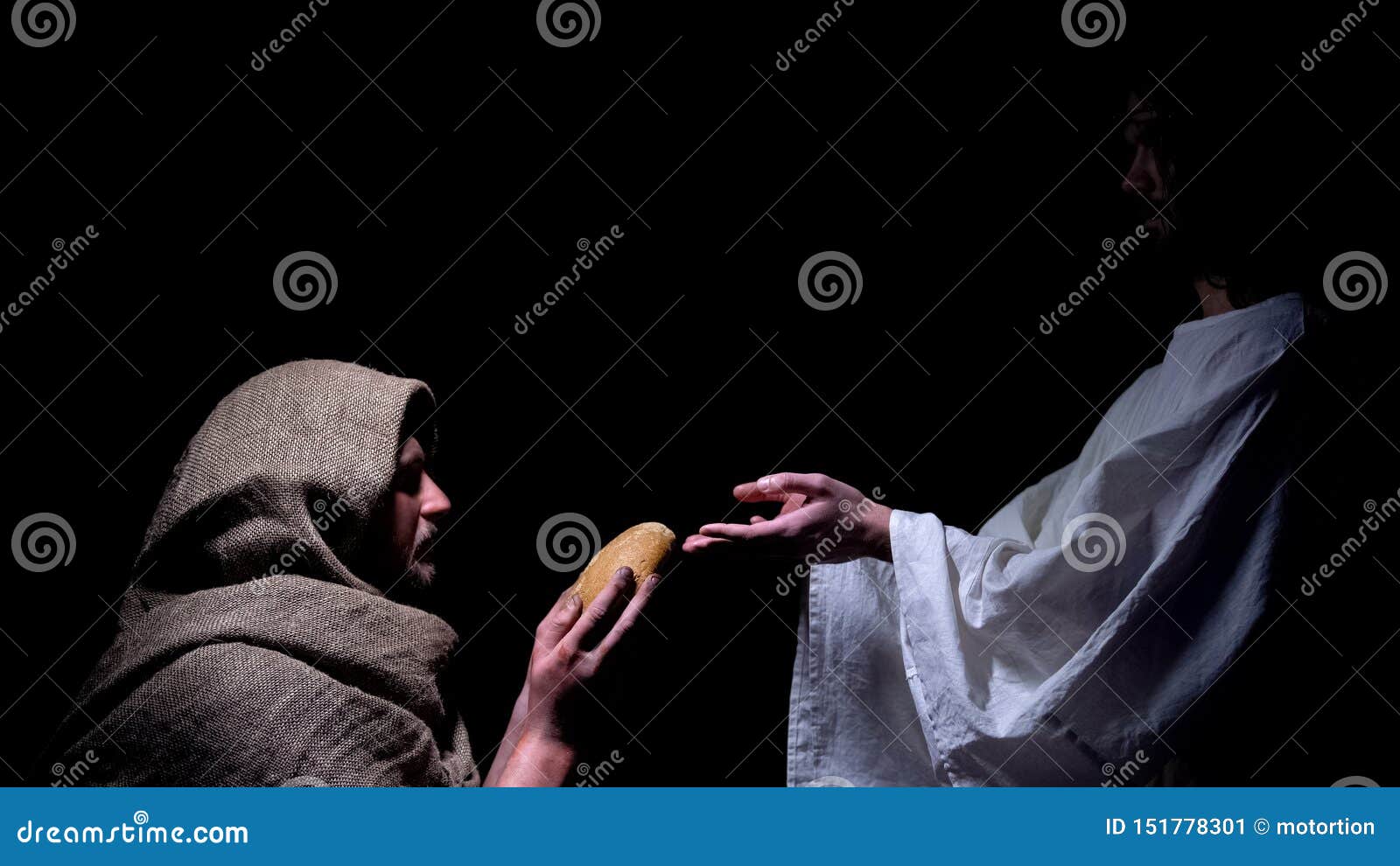 mercy jesus in crown of thorns giving bread for hungry homeless man, miracle