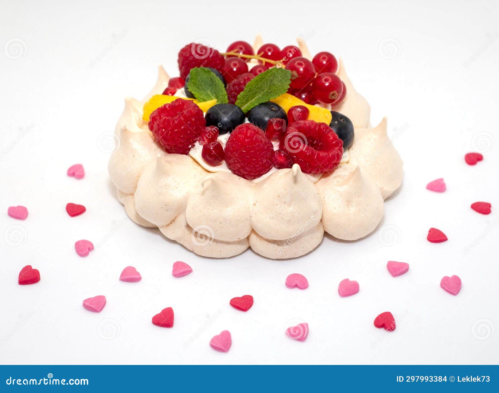 Meringue Pavlova Dessert, Decorated with Whipped Cream, Berries and ...