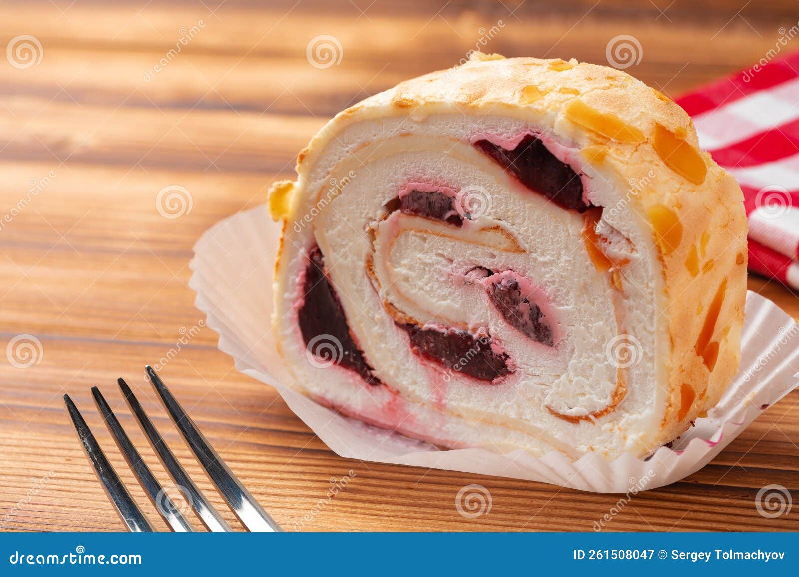 Meringue Roll Cake with Cream on Wooden Table, Close Up Stock Image