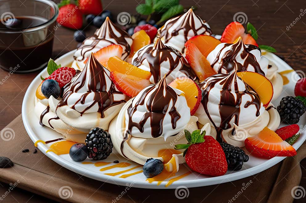 Meringues-Teller Mit Frischem Obst Und Schokoladensauce-Tropf Stock ...