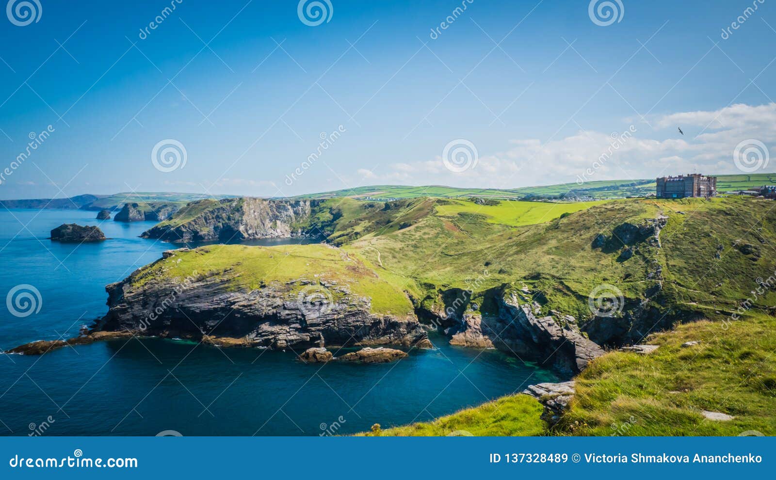 tintagel castle landscape in cornwall, england with the atlantic ocean coastline