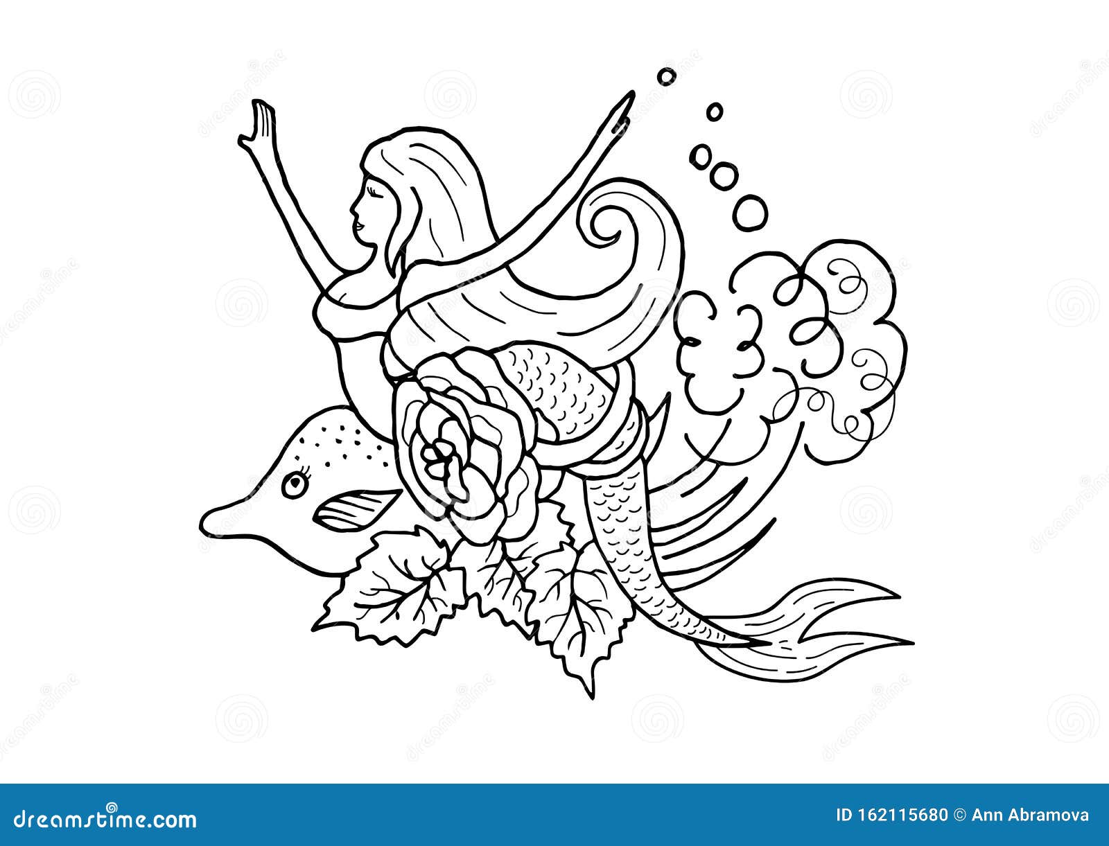 Mermaid with a Beautiful Rose and a Dolphin. Coloring Book Vector