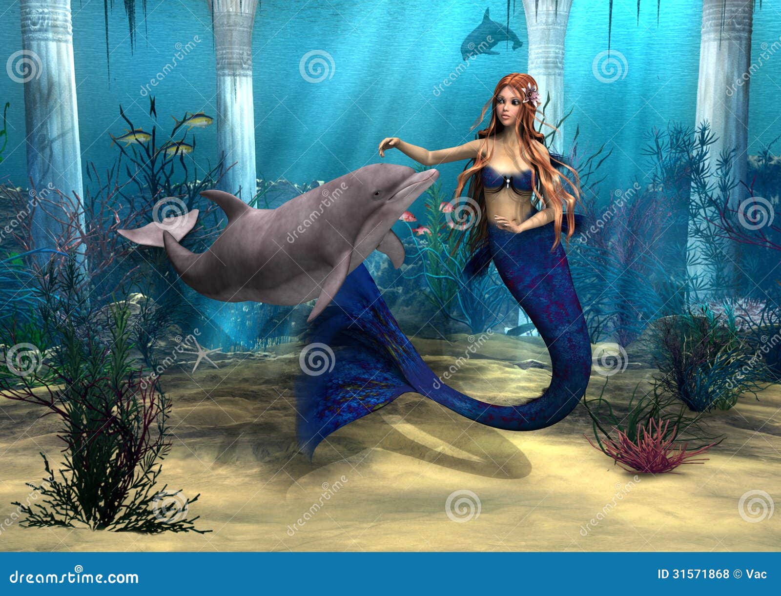 Mermaid and Dolphin stock illustration. Image of floating 31571868