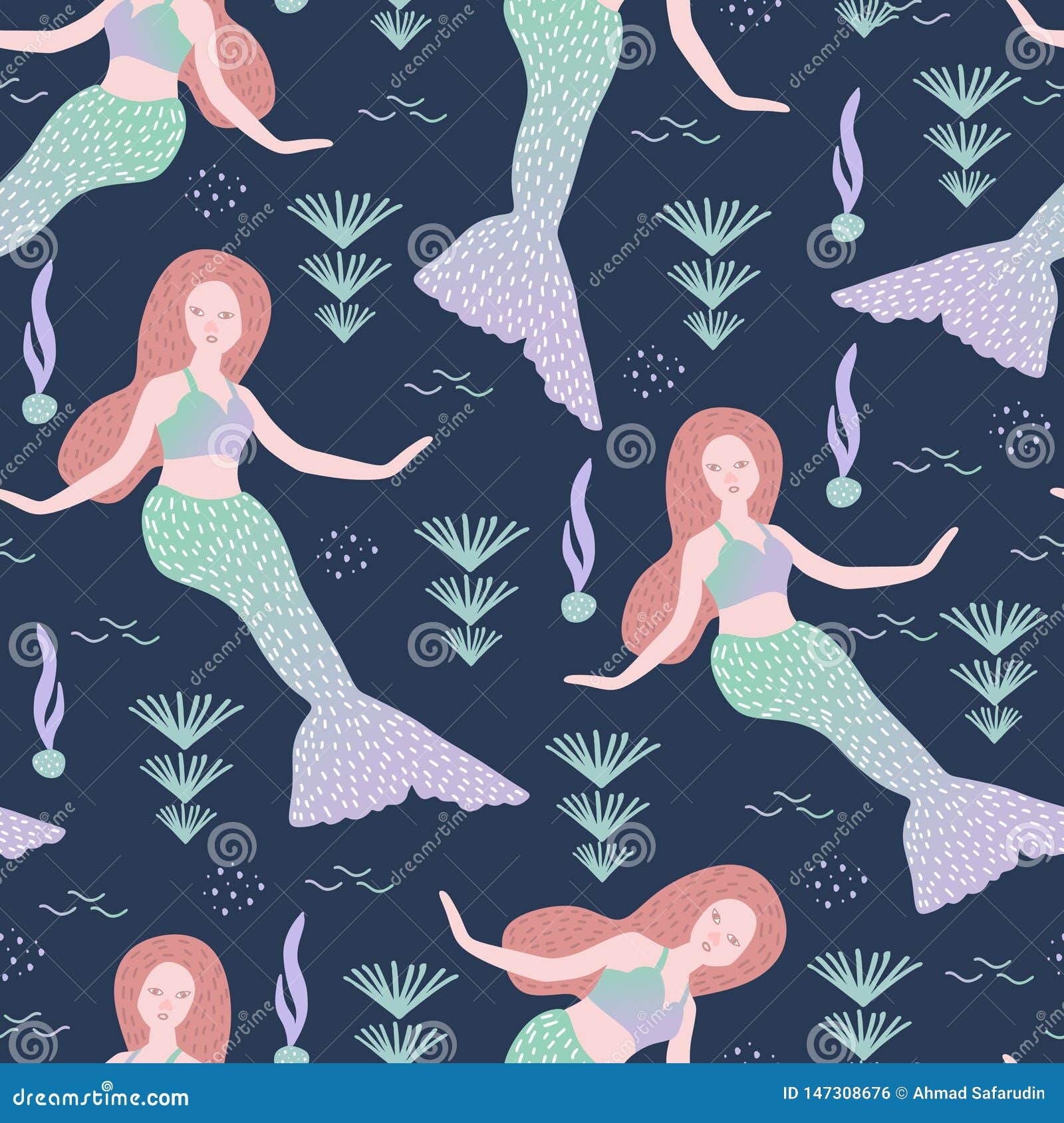Mermaid Pattern with Childish Drawing Colorful Hand Drawn Cute Design