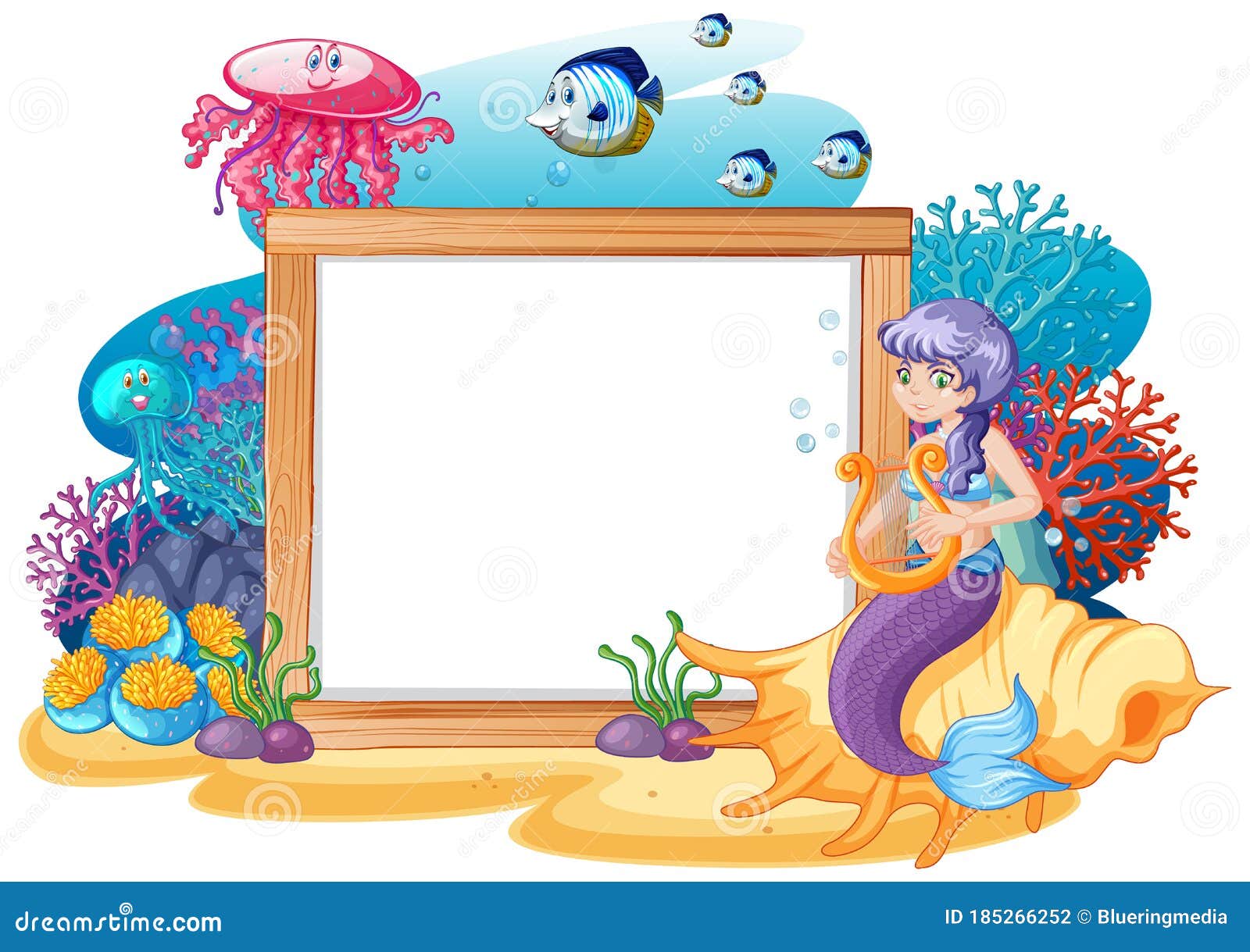 Mermaid and Sea Animal Theme with Blank Banner Cartoon Style on White  Background Stock Vector - Illustration of environment, board: 185266252
