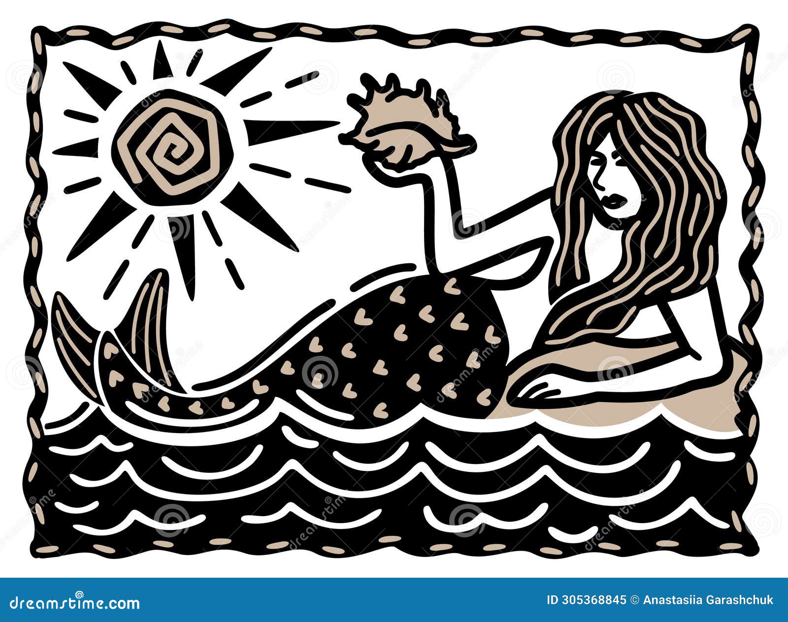 mermaid with seashell on the rock in the sea under the sun. brazilian cordel style. woodcut 
