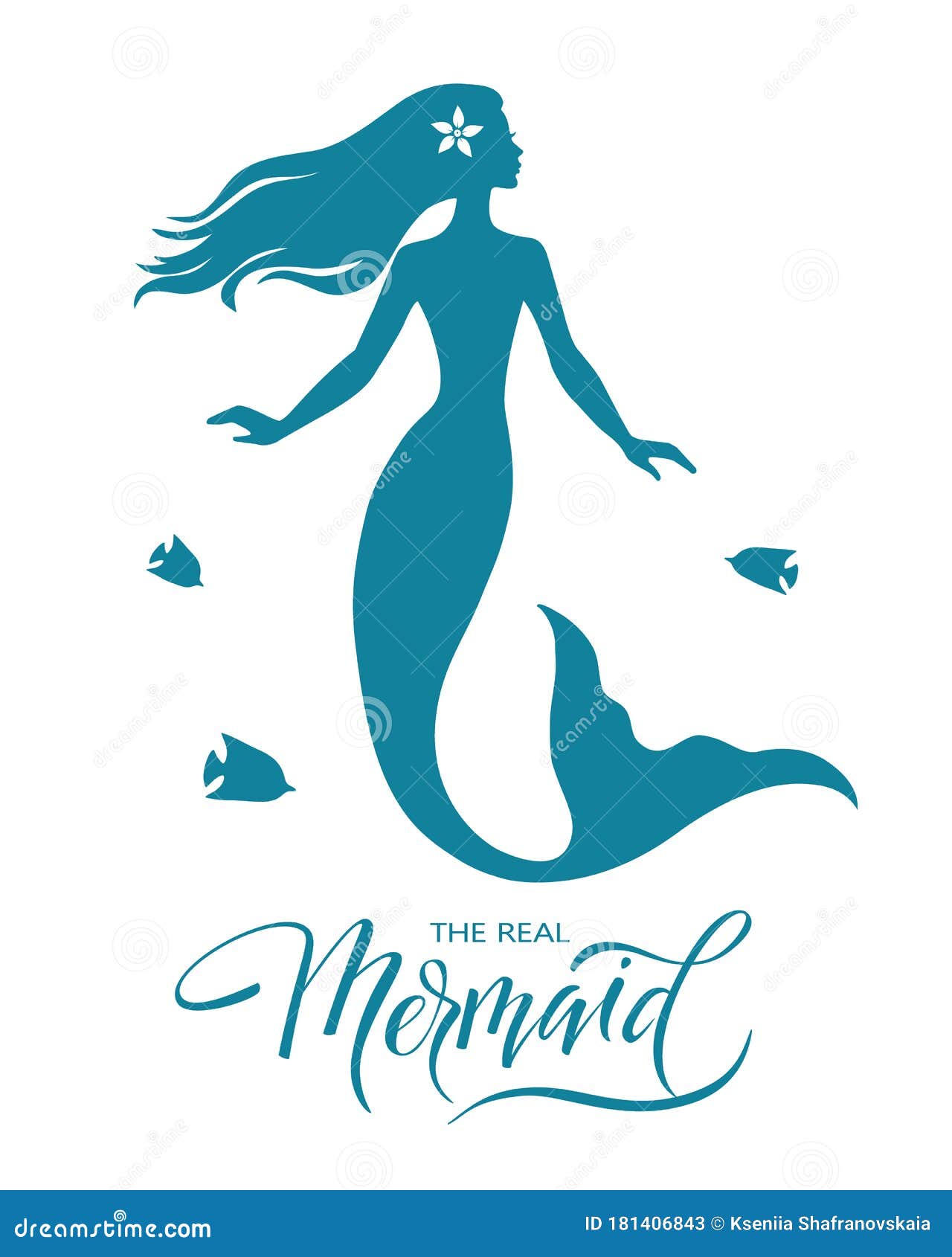 Mermaid Silhouette Hand Drawn Vector Illustration Isolated On White