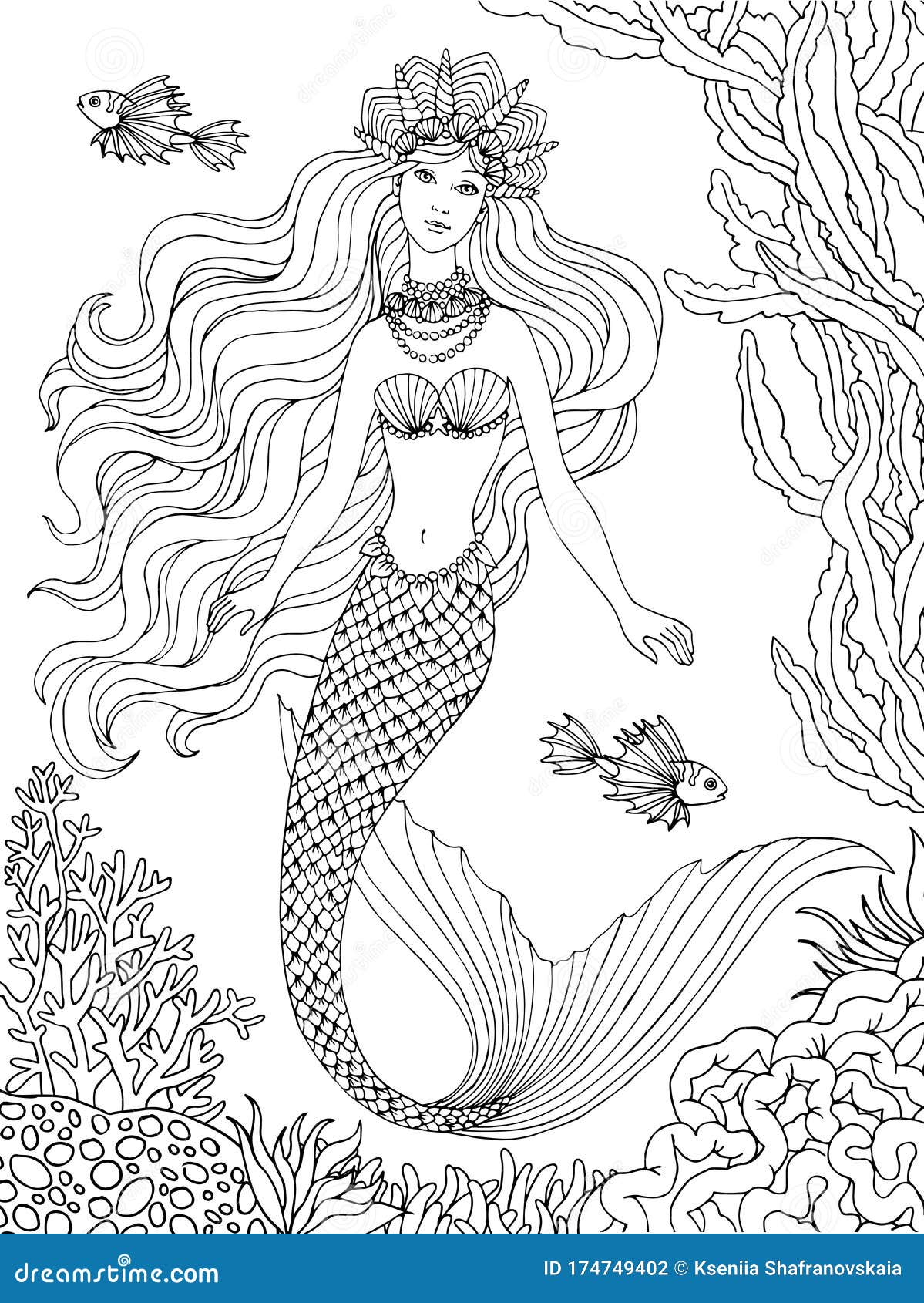 Mermaid Undersea, Hand Drawn Linen Vector Illustration on a White ...