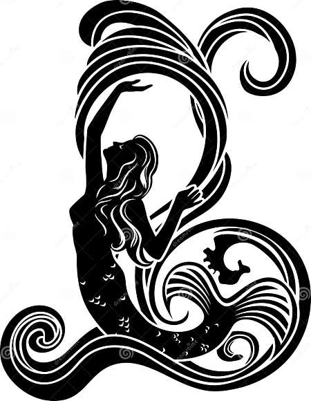 Mermaid in waves stock vector. Illustration of black - 28557494