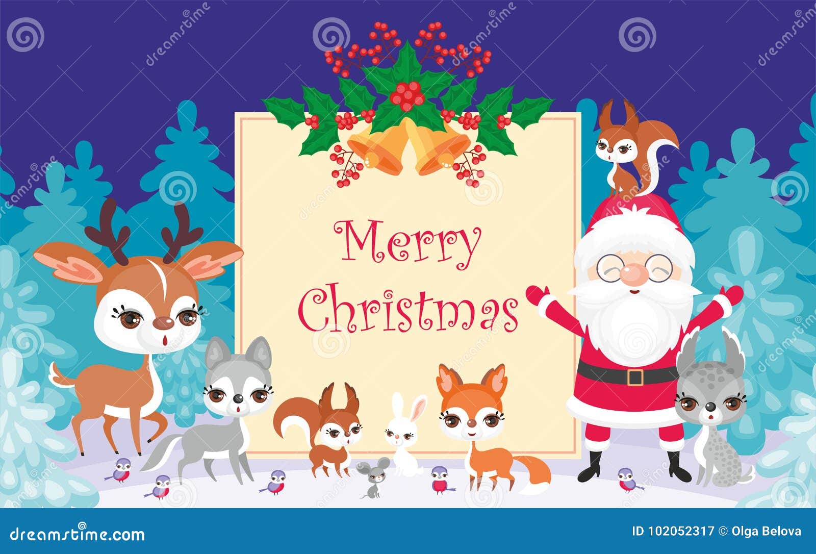 Christmas greeting card with the image of Santa Claus and woodland animals Vector background