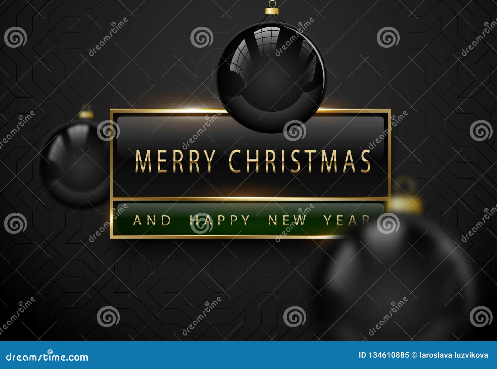 merry chistmas and happy new year luxury banner. golden text, black green rectangular label frame banner. dark geometric pattern