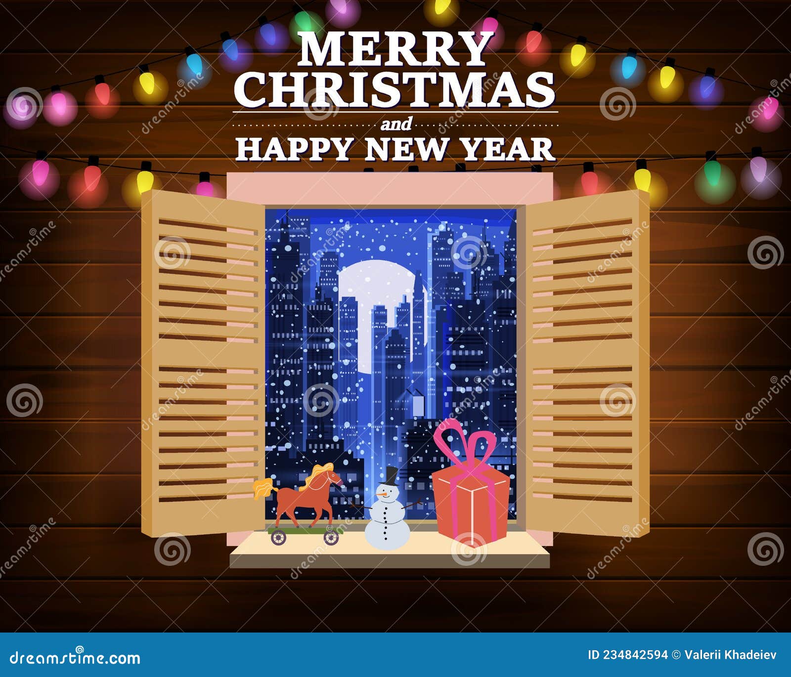 merry chrismas window, night, decoraions garland retro, view from the window to the night cityscape, retro toys