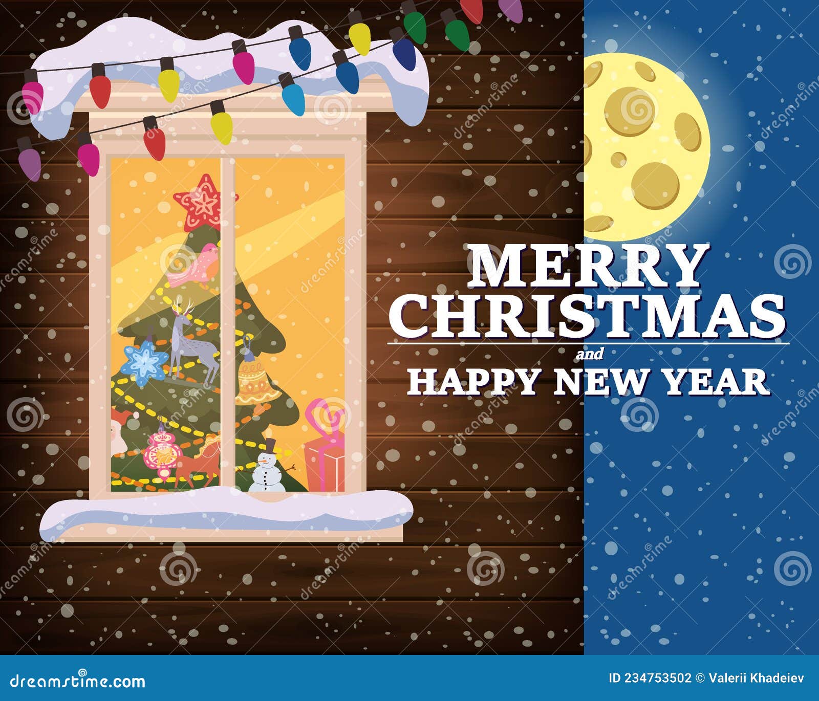 merry chrismas, window, night moon, decoraions garland retro, living room christmas tree. xmas and new year holiday