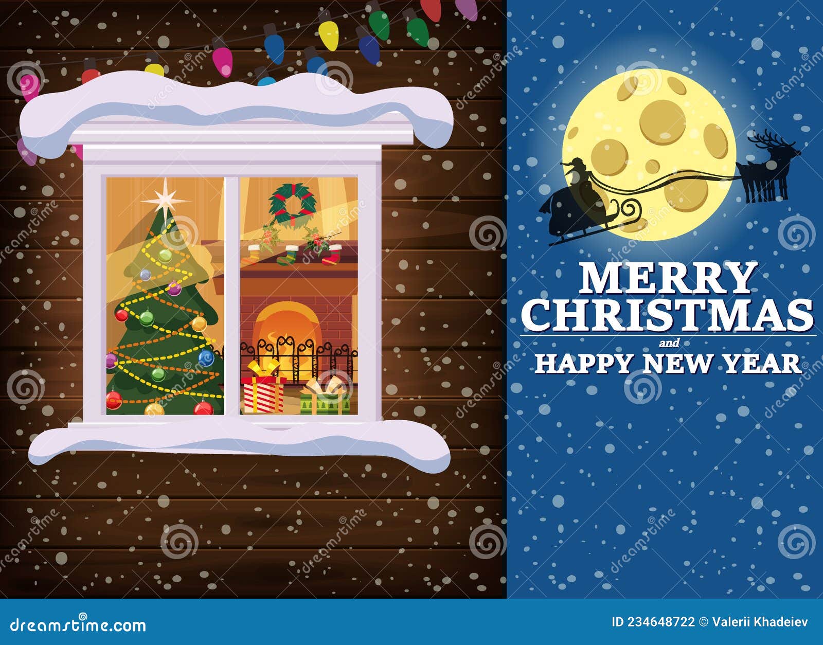 merry chrismas, window, night moon, santa with sleigh, decoraions garland retro, living room christmas tree. xmas and