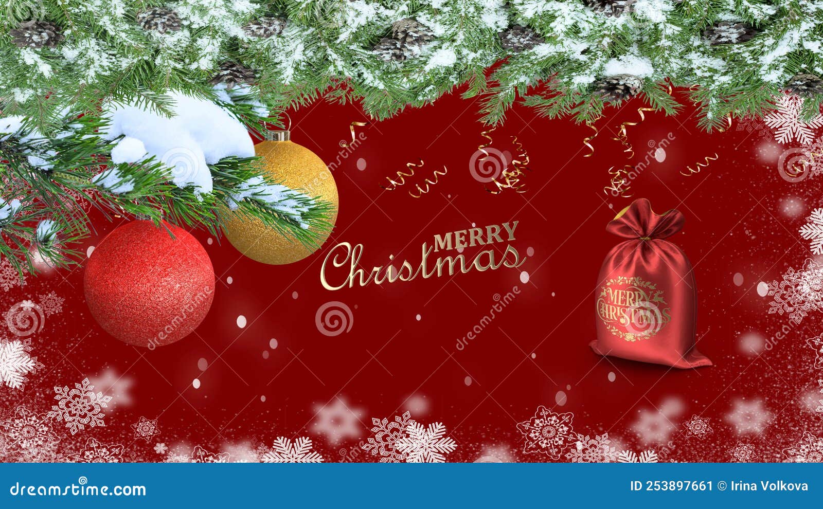 merry christmas banner red and gold white snow flackes copy space template background