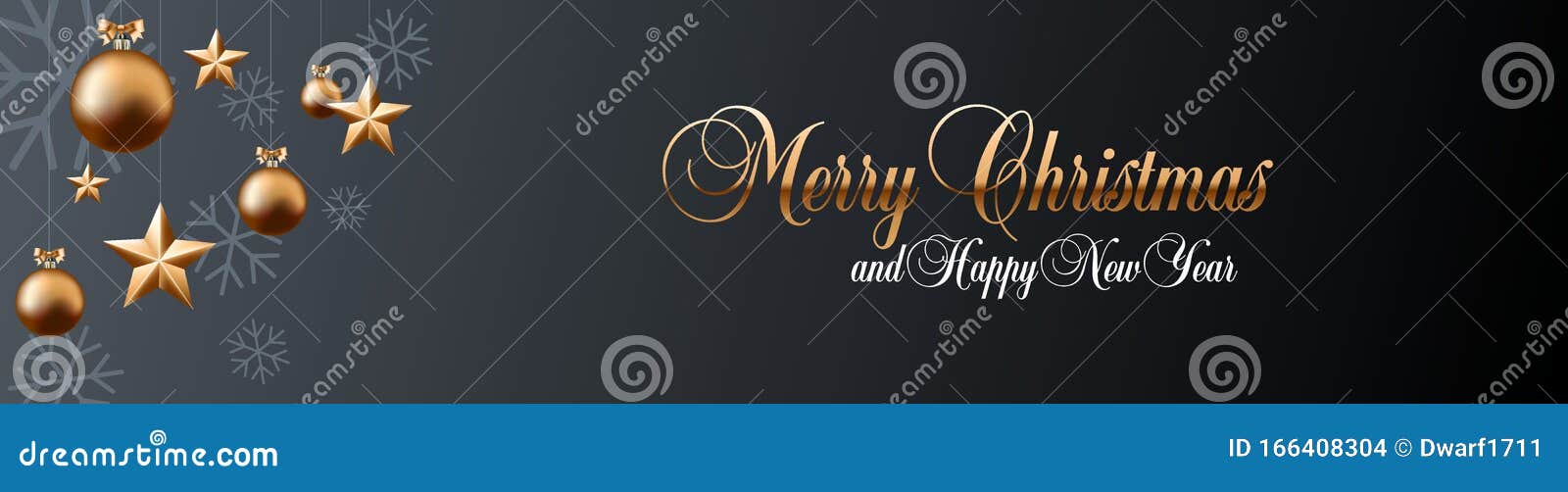 Merry Christmas banner or website header vector template. Calligraphic lettering with Christmas balls, stars and snowflakes on black background.