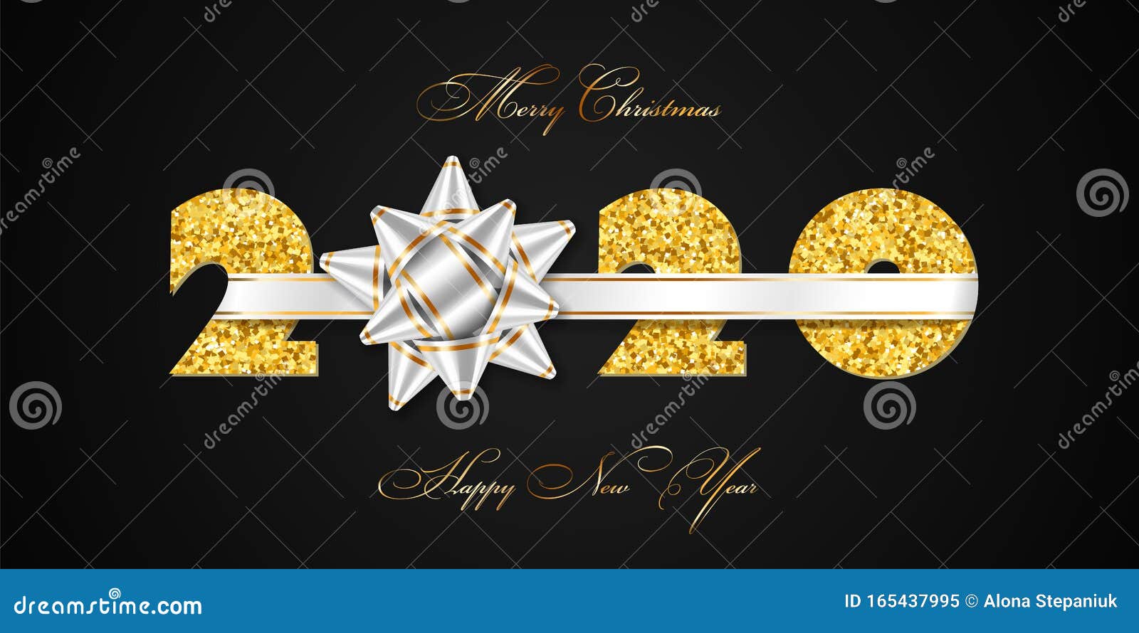 Merry Christmas Card. 3D Gift Box, Ribbon Bow, Gold Number 2020 Isolated Black Background ...