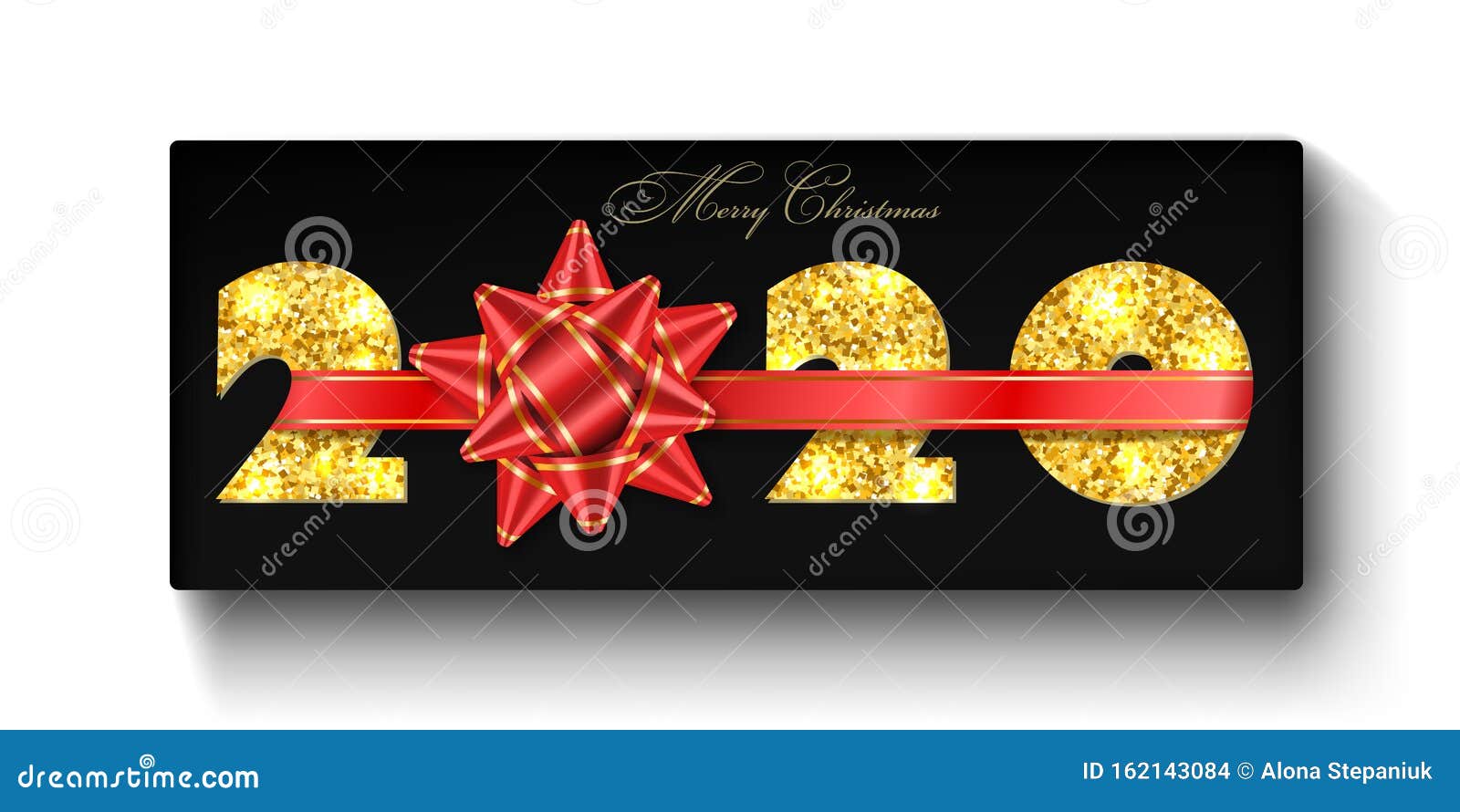 Merry Christmas Card. 3D Gift Box, Ribbon Bow, Gold Number 2020 Isolated White Background ...