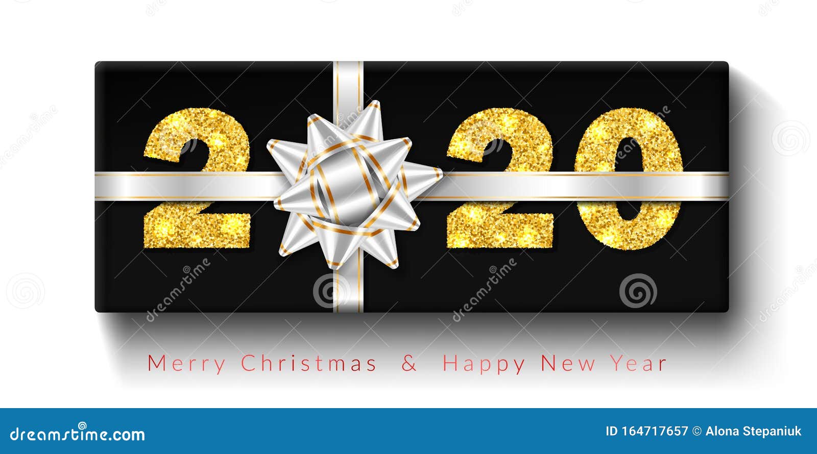 Merry Christmas Card. 3D Gift Box, Ribbon Bow, Gold Number 2020 Isolated White Background ...