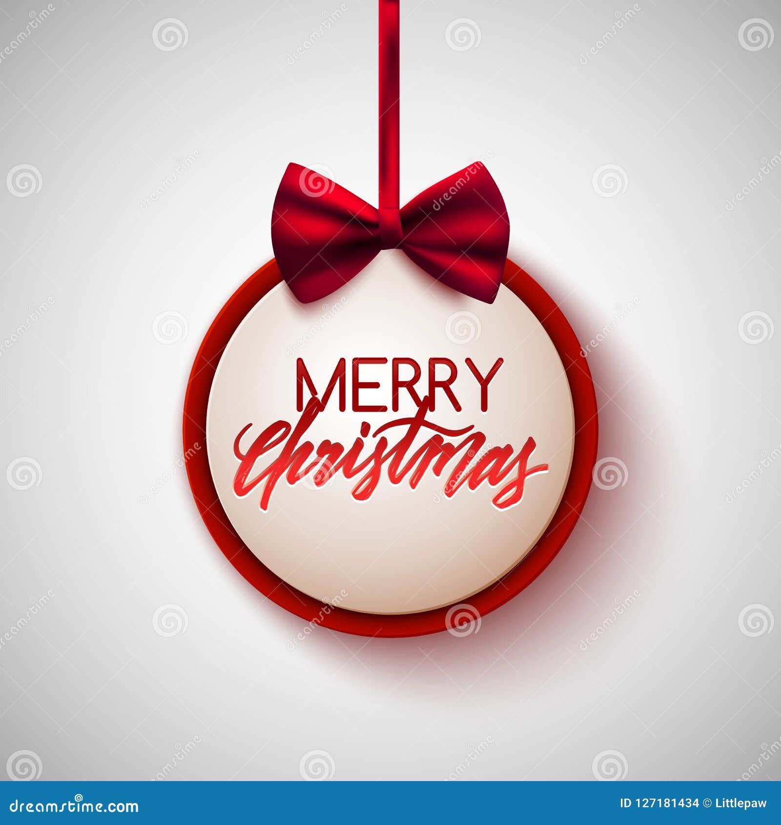 Merry Christmas Card, Round Banner with Red Bow and Calligraphy, Vector ...