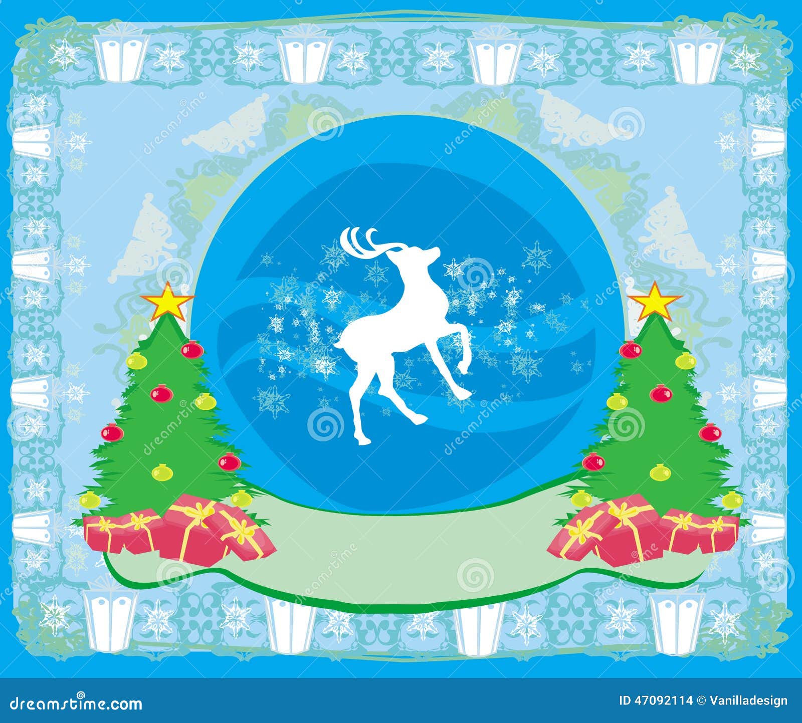 Merry Christmas Card with Snowflakes and Reindeer Stock Vector ...