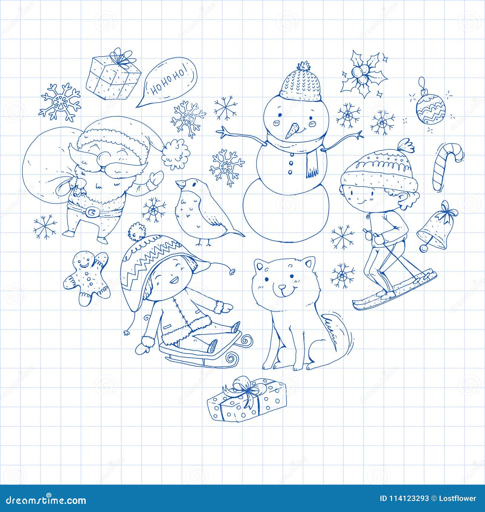 Download Merry Christmas Celebration With Children Kids Drawing Illustration With Ski Gifts Santa