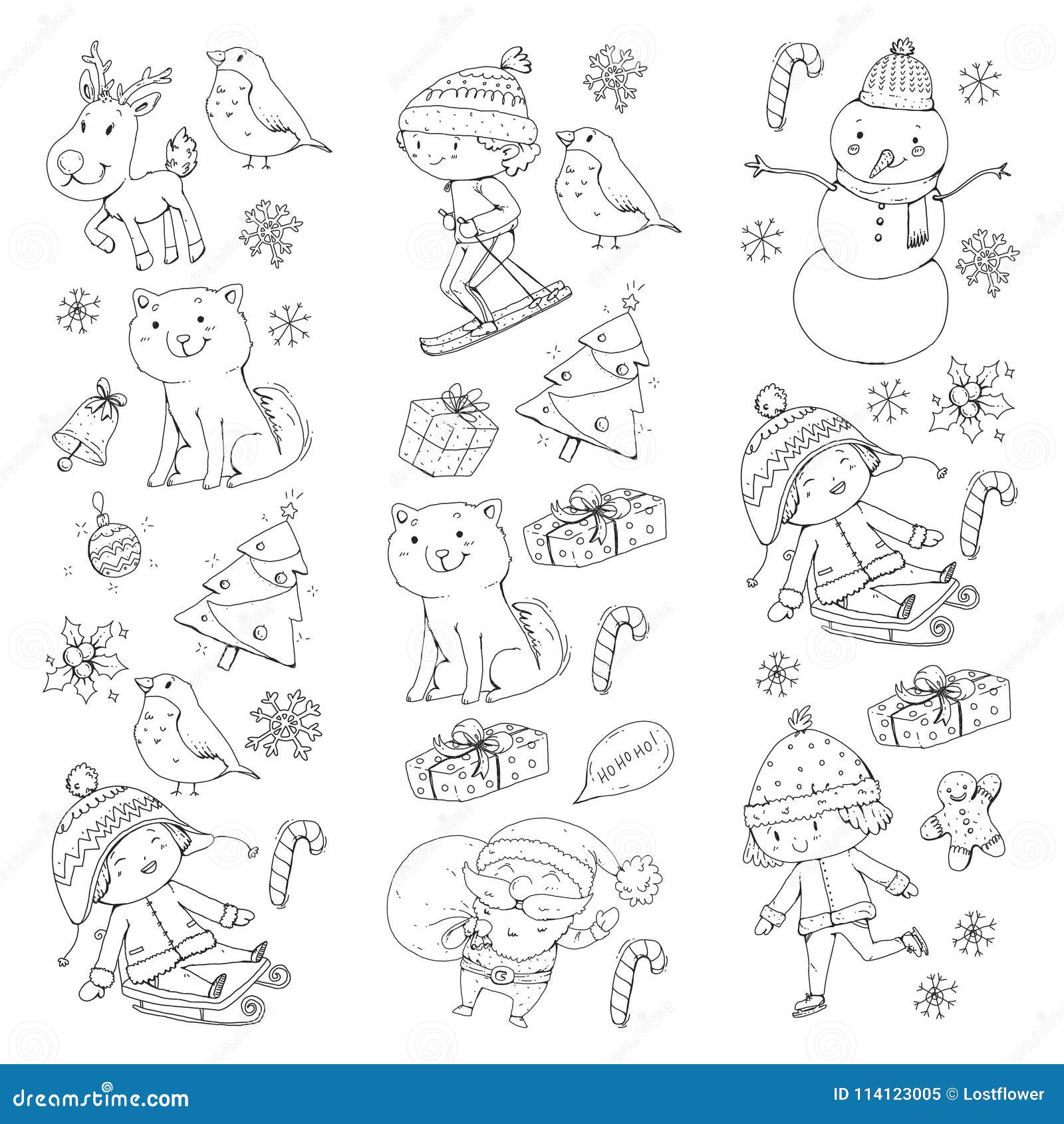 Merry Christmas celebration with children Kids drawing illustration with ski t Santa Claus snowman Boys and girls play and have fun