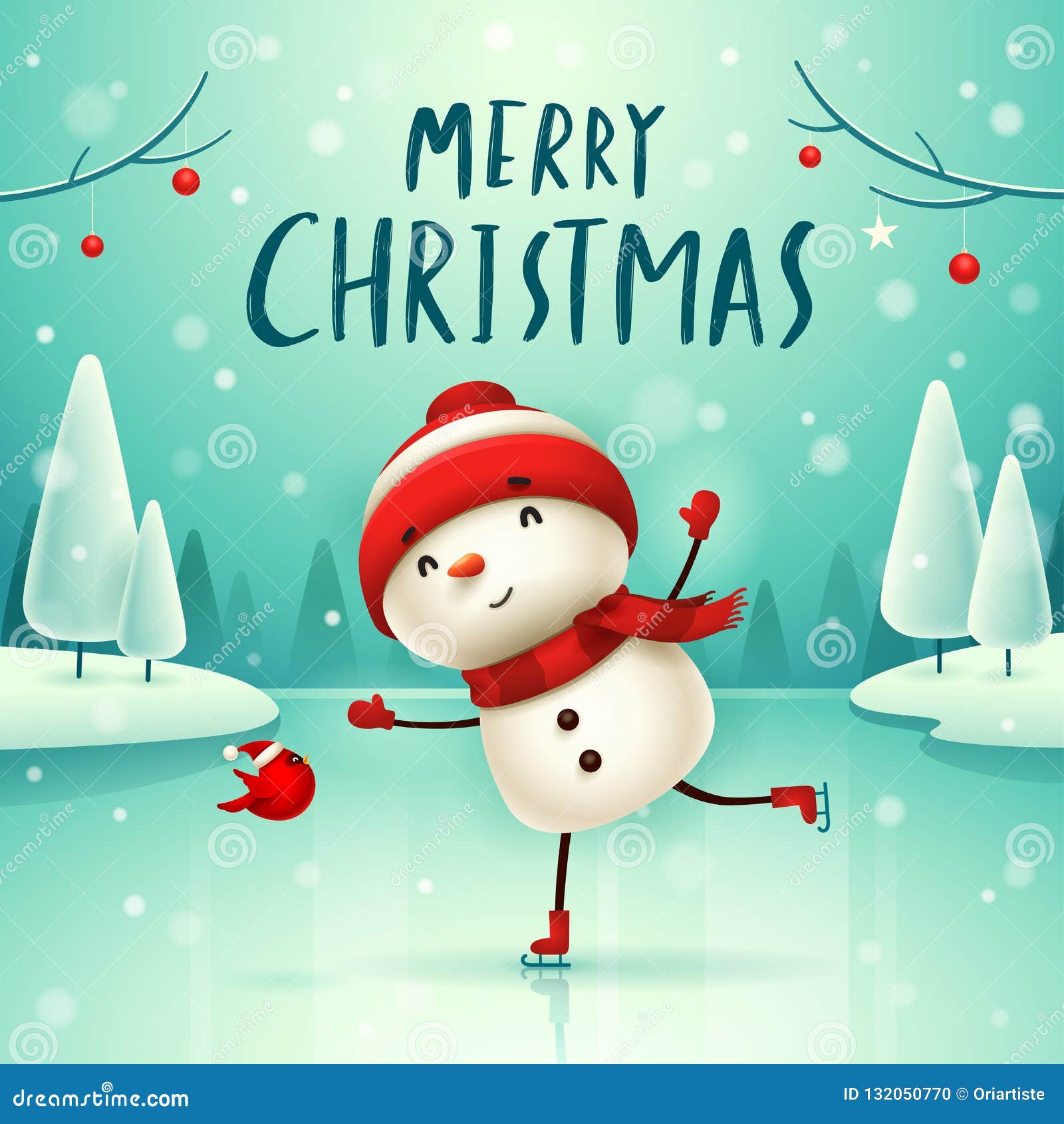 Download Merry Christmas! Cheerful Snowman On Skates In Christmas Snow Scene Winter Landscape Stock ...